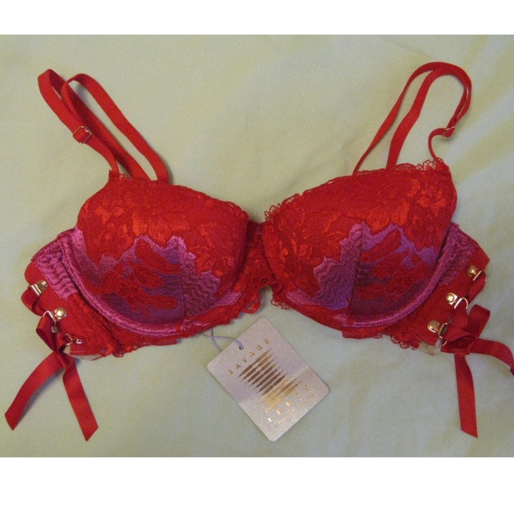 Fenty Savage Lace'd Up Padded Low Balconette Bra Sz 34B Goji Berry Red NWT